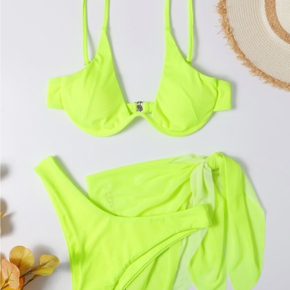 Ribbed Bikini Set Underwire Push Up Bra & High Cut Bottom + Skirt, bikini set - Picture 5 of 9